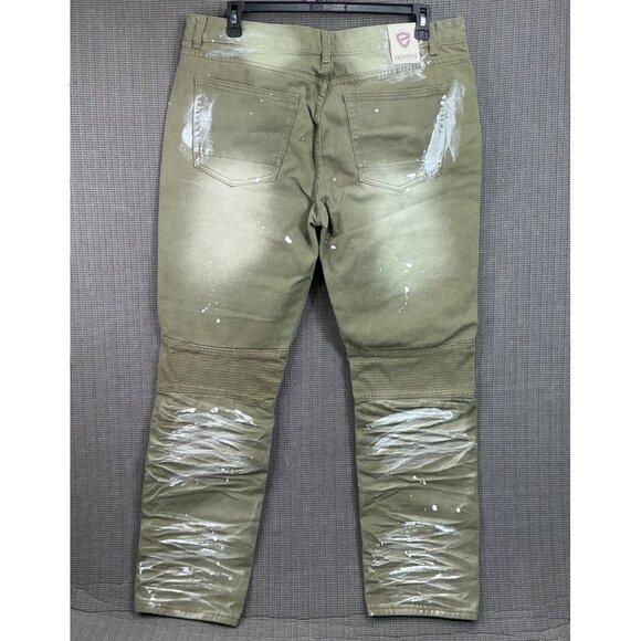 Encrypted Mens Size 38 Olive Green Distressed Paint Splatter Jeans - Picture 2 of 11